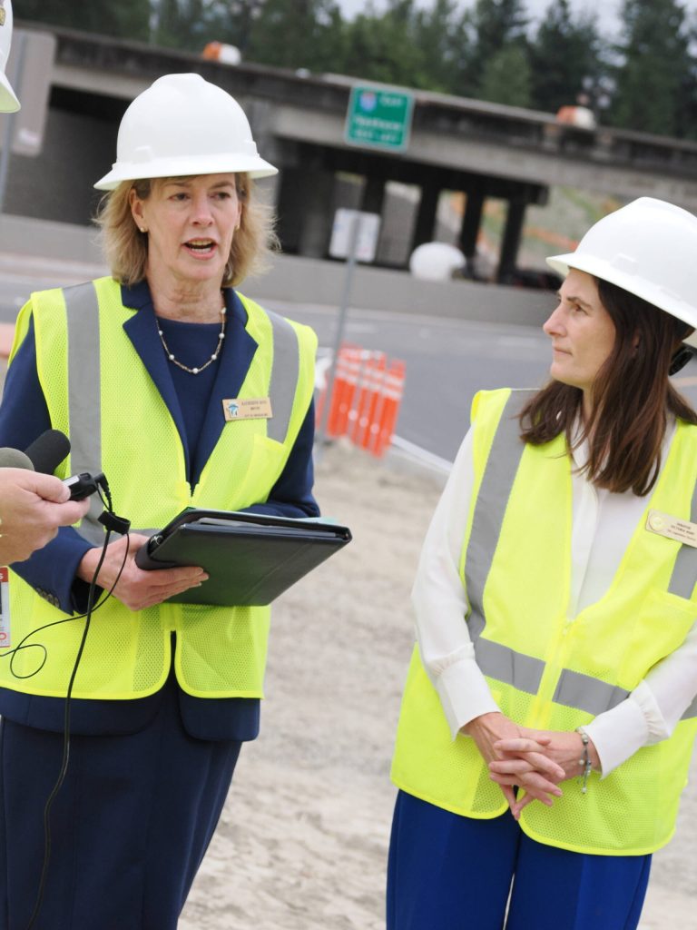 Snoqualmie Mayor Katherine Ross (left) and Washington State Sen. Victoria Hunt at the opening of the State Route 18 diverging diamond interchange in Snoqualmie, July 25, 2025. Photo courtesy of Marcus Humberg/Washington State Department of Transportation