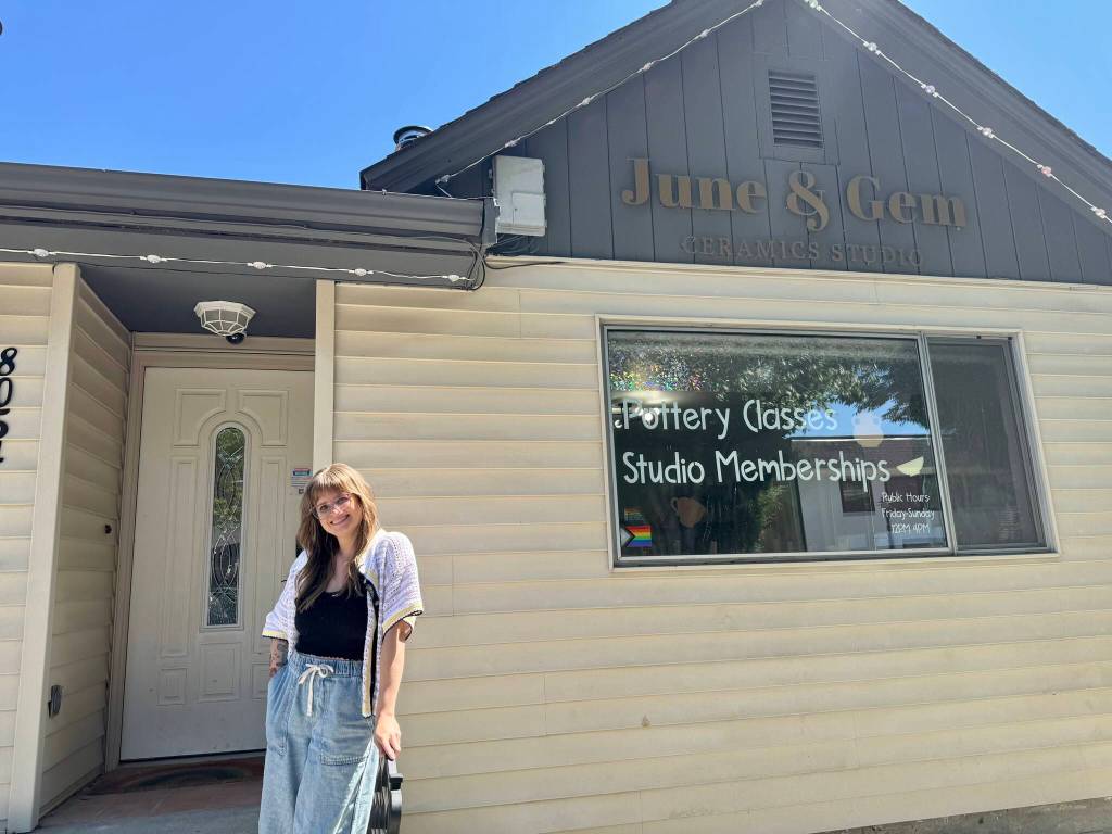 June and Gem owner Ashley Grammer stands for a photo outside the ceramics studio, July 24, 2025. (Grace Gorenflo/Valley Record)