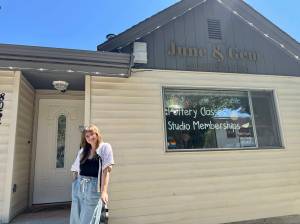 June and Gem owner Ashley Grammer stands for a photo outside the ceramics studio, July 24, 2025. (Grace Gorenflo/Valley Record)