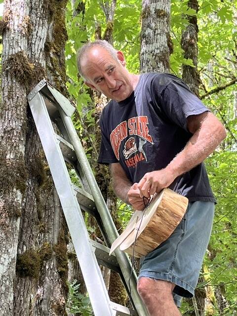 Photo courtesy of Lee Arts Foundation
A volunteer hangs a piece of art for the 2025 Art in Nature trail installation.