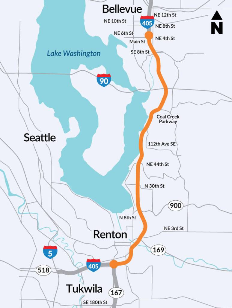 The I-405/Renton to Bellevue Widening and Express Toll Lanes Project will cause a closure of southbound lanes this weekend. Photo provided by the Washington Department of Transportation