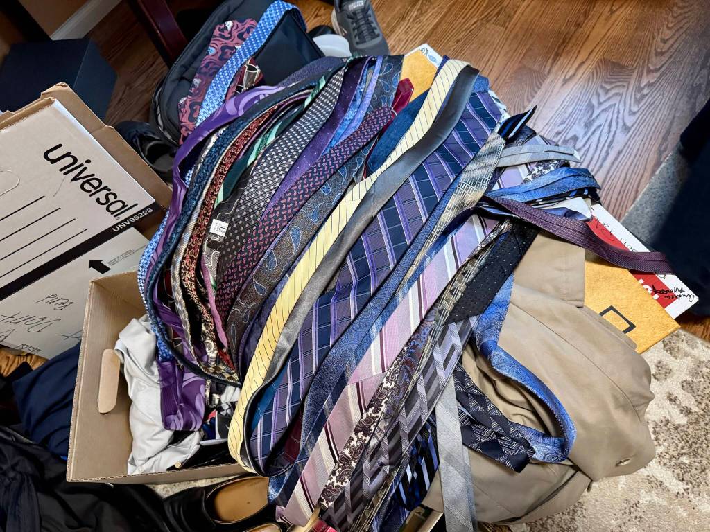 Bill Ramoss collection of ties, one for each day of the legislative session, sits in his Issaquah home, July 30, 2025. Photo by Grace Gorenflo/Valley Record