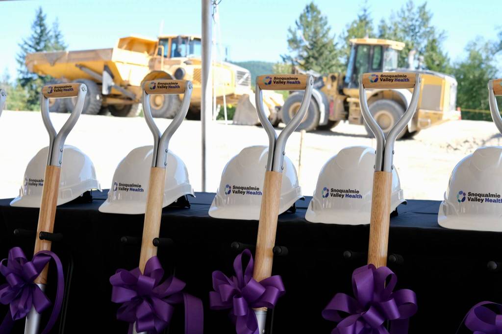 Shovels and Snoqualmie Valley Health hard hats are ready for the HUB groundbreaking ceremony, Aug. 22, 2025. Photos by Grace Gorenflo/Valley Record