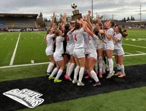 The Mount Si High School girls soccer team celebrates their state title win on Nov. 22. Photos courtesy of Snoqualmie Valley School District