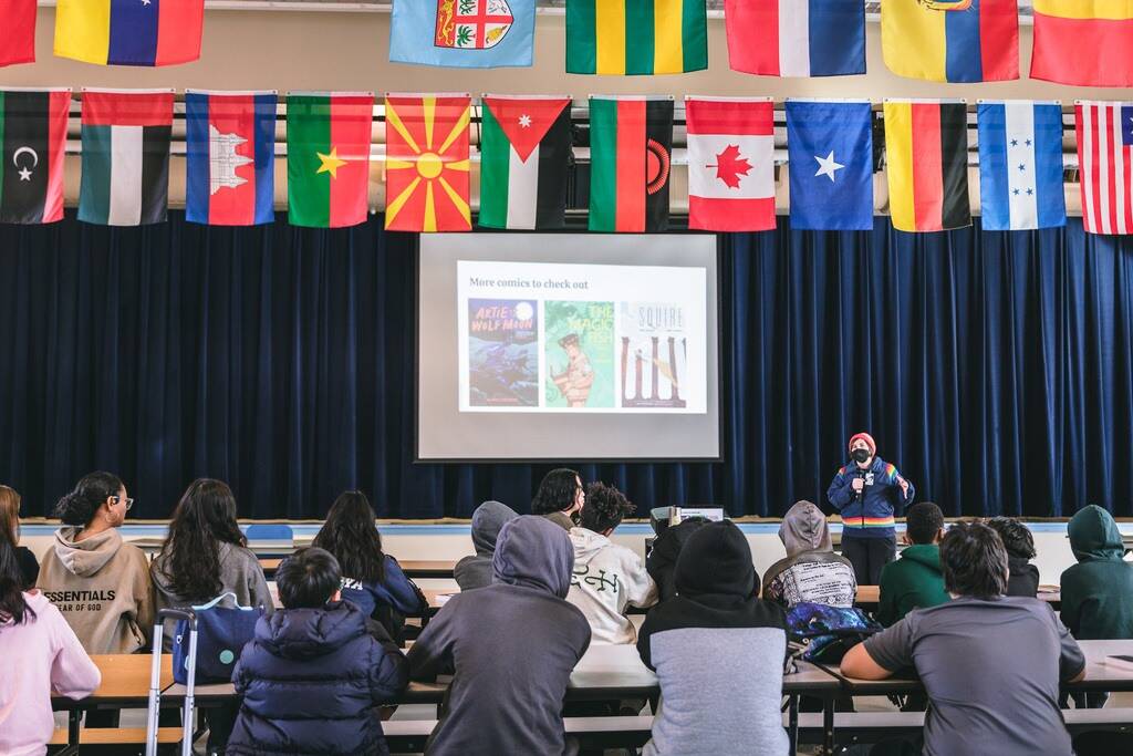 Kiku Hughes shares other local books and graphic novels about Japanese-American Incarceration and its dark history. Photo courtesy of the Kent School District.