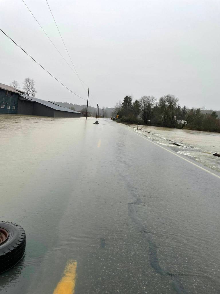 Flood water and debris sit on SR 203 north of Carnation early on Dec. 11, 2025. Photo courtesy of the city of Carnation