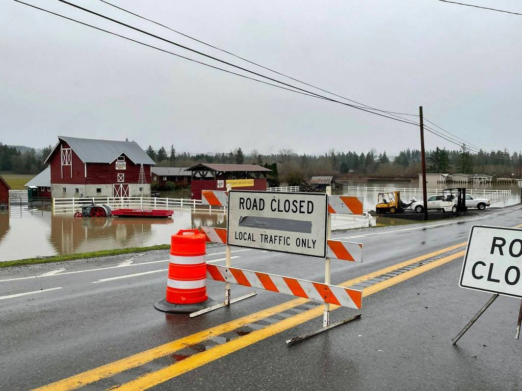 Flood water approaches SR 203 near Remlinger Farms at the south end of Carnation early on Dec. 11, 2025. Photo courtesy of the city of Carnation