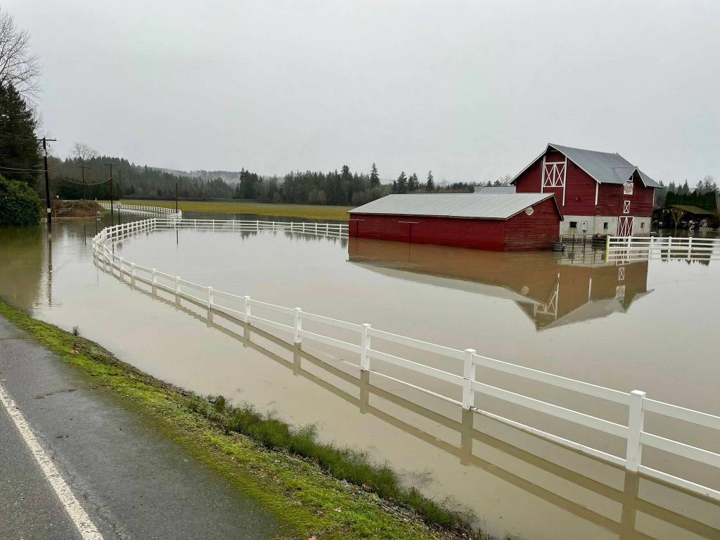 A barn on the Remlinger Farms property is surrounded by flood water, Dec. 11, 2025. Photo courtesy of the city of Carnation