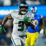 Seattle Seahawks running back Kenneth Walker III sprints toward the end zone against the Los Angeles Rams on Thursday, Dec. 18, at Lumen Field in Seattle. (Photo courtesy of the Seattle Seahawks)