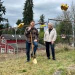 Adventure Church pastor Jeff Hansen (left) breaks ground on the construction of a new church facility with architect Evelyn Hommas, March 9, 2025. (Grace Gorenflo/Valley Record)