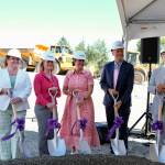 Snoqualmie Valley Health executives stand shovel-ready at the groundbreaking ceremony for the HUB, Aug. 22, 2025. From left: Chief Nursing Executive Tricia Ralston; Chief of Strategic Operations Tammy Moore; CEO Renee Jensen; Chief Medical Officer Jeremey Storm; CFO Patrick Ritter.