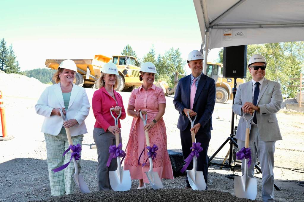 Snoqualmie Valley Health executives stand shovel-ready at the groundbreaking ceremony for the HUB, Aug. 22, 2025. From left: Chief Nursing Executive Tricia Ralston; Chief of Strategic Operations Tammy Moore; CEO Renee Jensen; Chief Medical Officer Jeremey Storm; CFO Patrick Ritter.