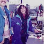 Sandy Griffin (right) at the Sandys Espresso coffee cart in the early 1990s. Photo courtesy of Sandy Griffin