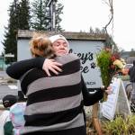 Kelsey Harris-Olsen hugs a loved one at the ribbon-cutting of Kelseys Koffee, Dec. 28, 2025. (Grace Gorenflo/Valley Record)