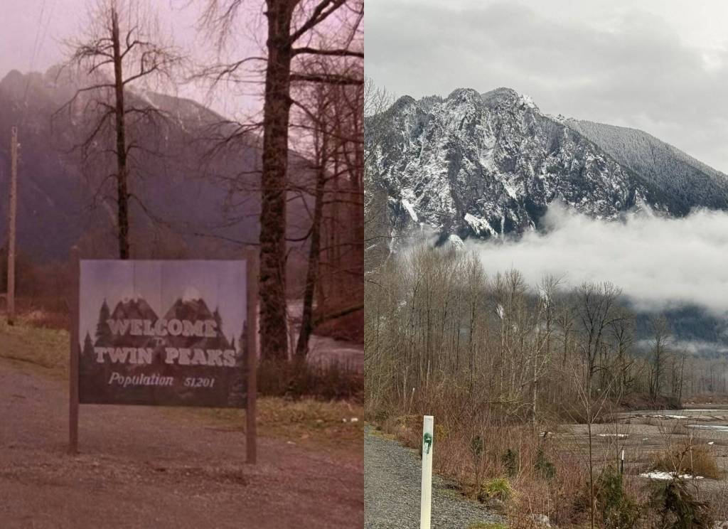 A then versus now comparison of the location of the Welcome to Twin Peaks sign from the shows opening credits. Left: A snapshot of Twin Peaks season 1, episode 1. Right: Mount Si from SE Reinig Road, Feb. 15, 2025. (Grace Gorenflo/Valley Record)
