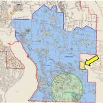 An image from the Sammamish petition showing how the territory is surrounded by the Lake Washington School District on three sides. The Eastlake High School boundary is in blue and the petition territory is in yellow. Courtesy image