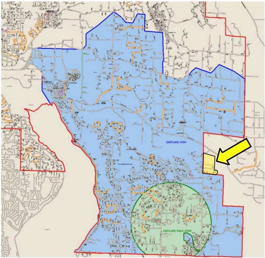 An image from the Sammamish petition showing how the territory is surrounded by the Lake Washington School District on three sides. The Eastlake High School boundary is in blue and the petition territory is in yellow. Courtesy image