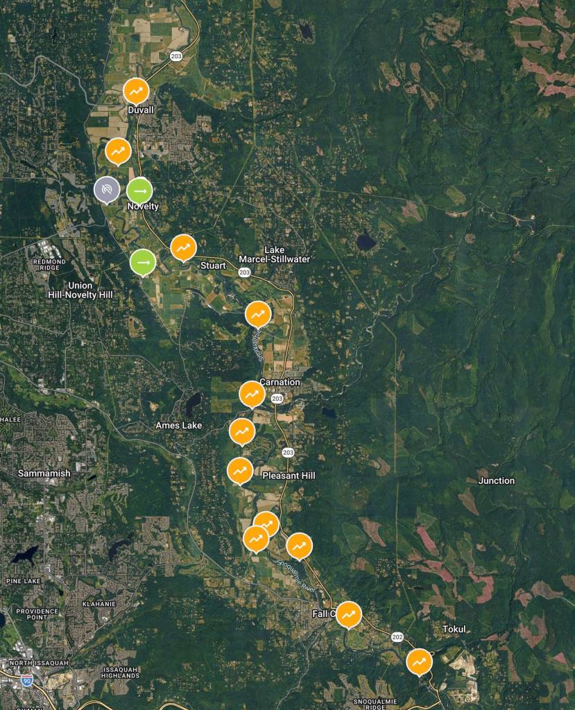 Floodzillas gauges show several points of rising Snoqualmie River waters the morning of March 18, 2026. Image courtesy of Floodzilla and Google Maps