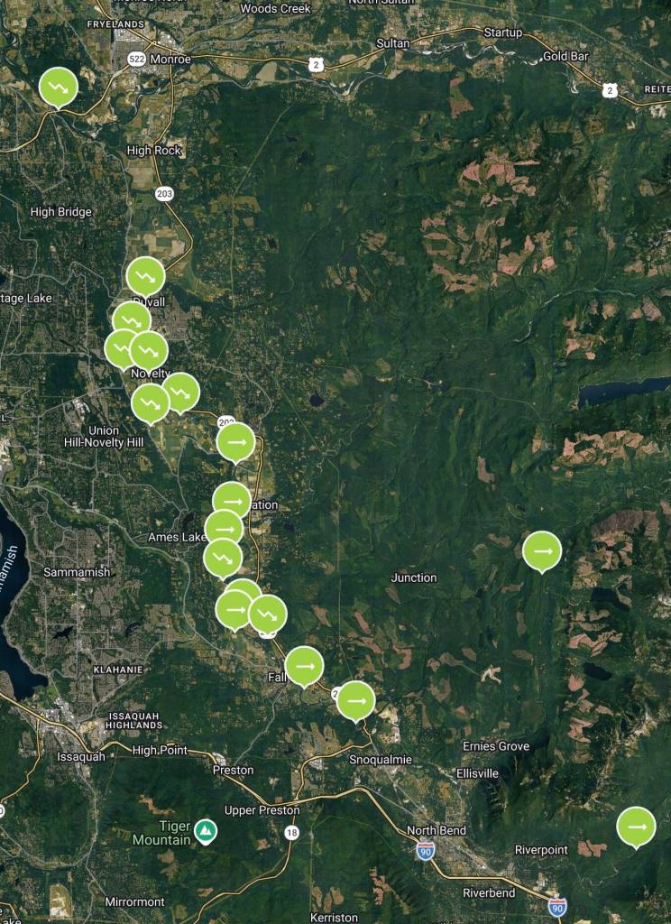 Floodzillas gauges show steady flows on the Snoqualmie River the morning of March 23, 2026. Image courtesy of Floodzilla and Google Maps