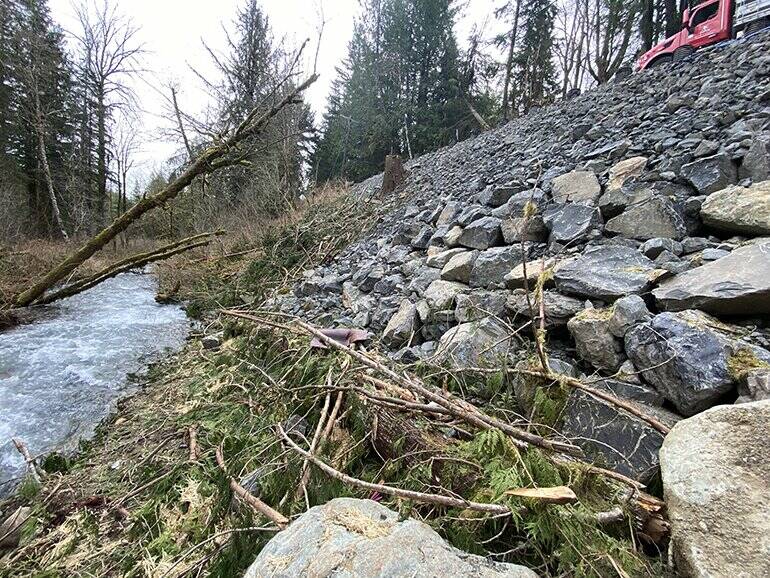 Crews repaired the slide and rebuilt the slope with large rocks to reenforce the road, March 2026. Courtesy photo/King County