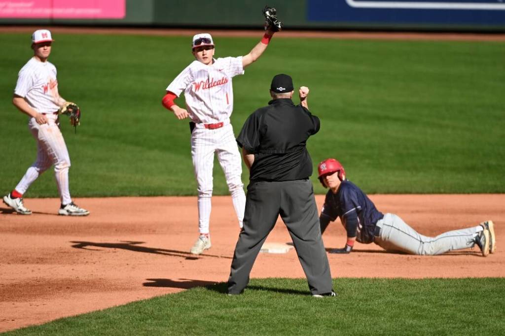 Photos courtesy of Calder Productions
Mount Si High Schools baseball team played Nathan Hale (Seattle) on April 4 at T-Mobile Park in a non-conference game. The Wildcats lost, 7-5. Pictured: Mount Sis Jayden White gets the out at second base.