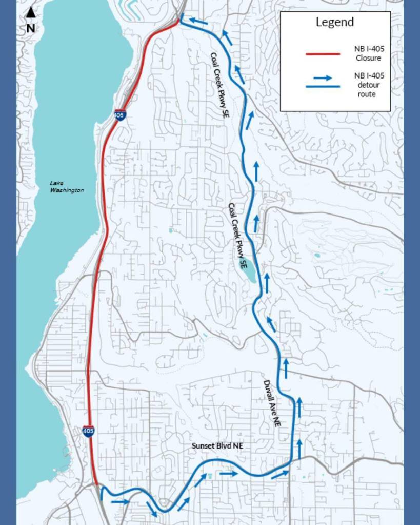 Northbound I-405 will be closed from N. Southport Drive/NE Sunset Boulevard to Coal Creek Parkway SE. Photo provided by WSDOT