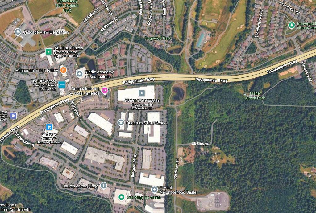 A satellite image of Snoqualmie Ridge showing the land south of Fisher Creek Park where the proposed battery storage site would reside. Image courtesy of Google Maps