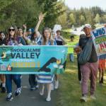 Board members of Snoqualmie Valley for Responsible Energy lead the march to Fisher Creek Park, April 26, 2026.