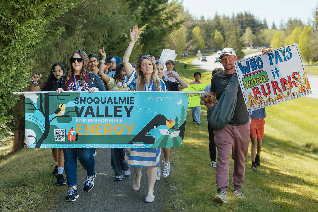 Board members of Snoqualmie Valley for Responsible Energy lead the march to Fisher Creek Park, April 26, 2026.