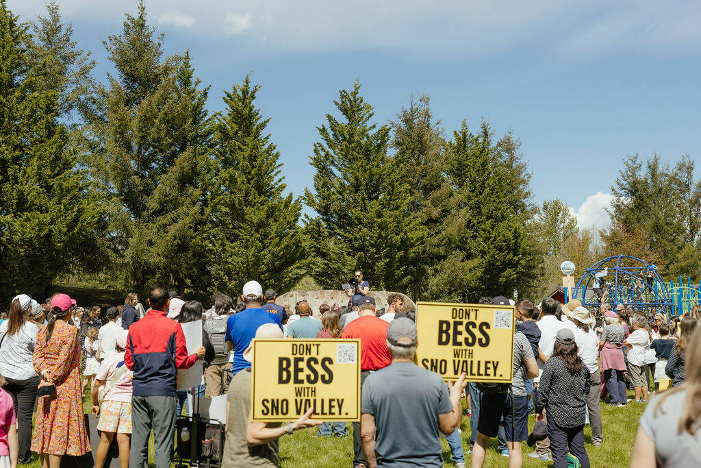 Locals rally at Fisher Creek Park in Snoqualmie Ridge, April 26, 2026.