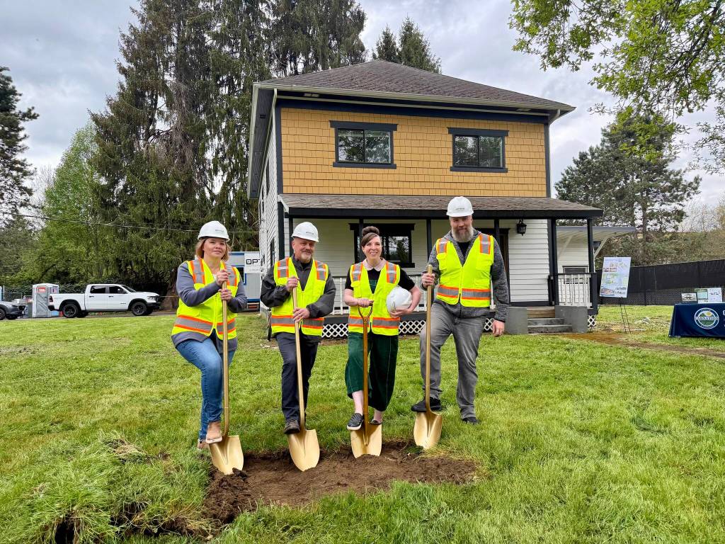 Carnation City Council members prepare to break ground on the site of the new city campus, April 28, 2026. From left: Cheryl Paquette; Jim Ribail; Jessica Merizan; Max Voelker. (Grace Gorenflo/Valley Record)