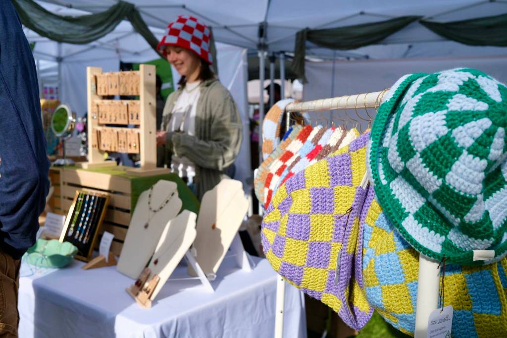 Hand-stitched hats are for sale at the Duvall Farmers Market, May 7, 2026. (Grace Gorenflo/Valley Record)