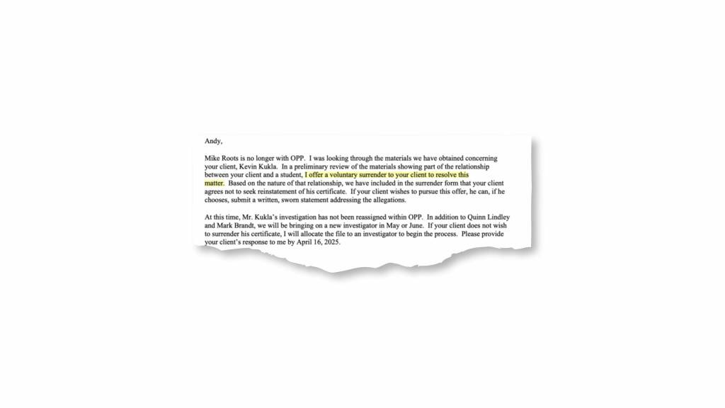 Courtesy image
An excerpt of an email exchange between Andy Paroff, a staff attorney with the Washington Education Association and Shaun Harman, the assistant director within OSPIs Office of Professional Practice and Ethics in April 2025.