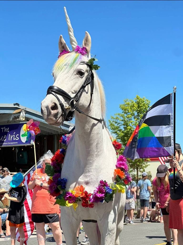 Photo courtesy of SnoValley Pride
Duke the horse dressed as a unicorn in the 2024 Carnation Fourth of July parade.