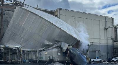 Photo courtesy of Longview Fire Department
The burst white liquor tank is seen at the Nippon Dynawave Packaging facility in Longview, Washington, on May 26, 2026.