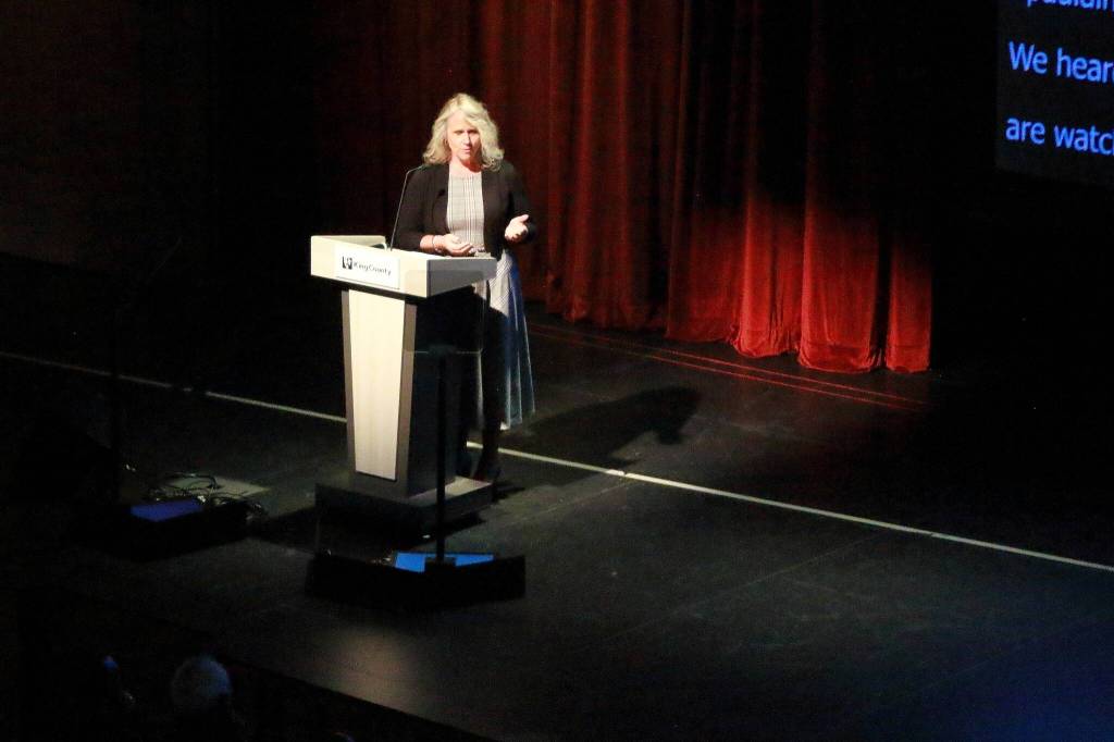 Mayor Dana Ralph of Kent speaks at the King County Executive's State of the County address. Photo by Keelin Everly-Lang / the Mirror.