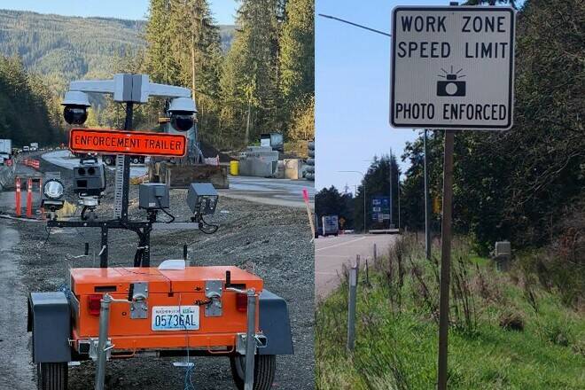 Left: A work zone speed camera. Right: A traffic sign identifying a photo-enforced speed zone. Photo courtesy WSDOT