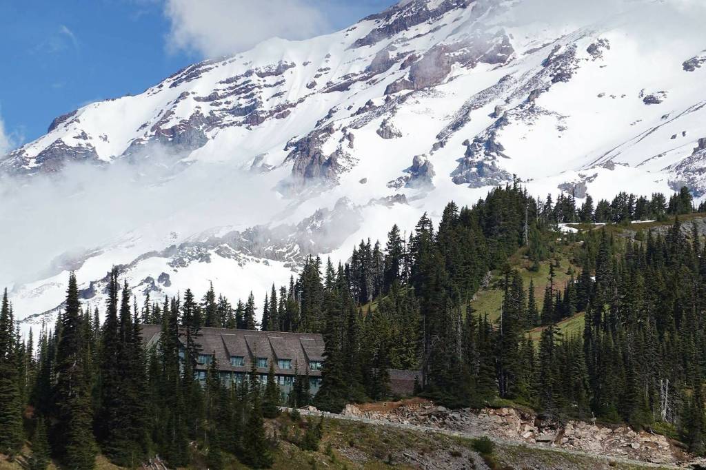 The Paradise Inn and Mount Rainier viewed from the Paradise Valley Road on June 12. Photo courtesy NPS