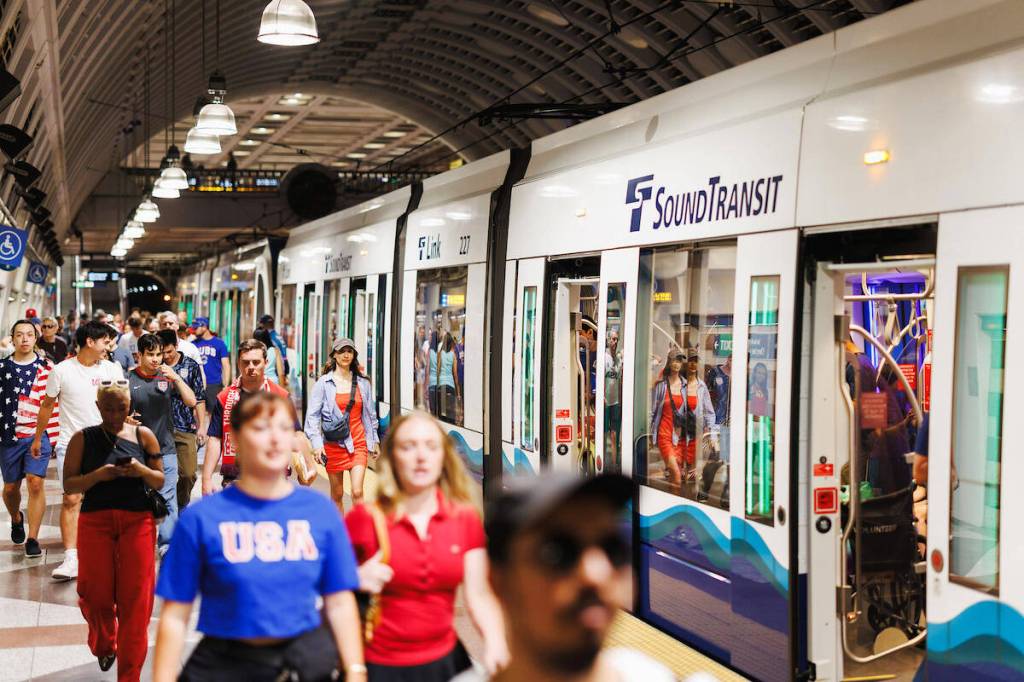 Fans on Link arrive at Pioneer Square Station for the FIFA World Cup game in Seattle between the USA and Belgium on July 6. COURTESY PHOTO, Sound Transit