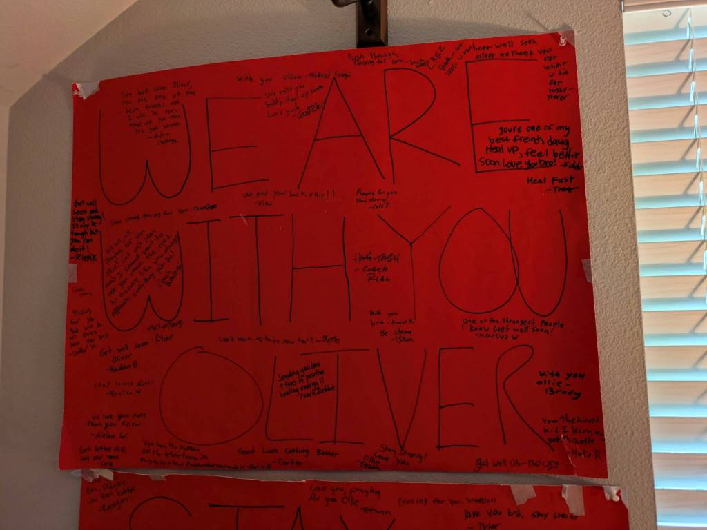 Posters with get well wishes for Oliver Baerman now hang in his bedroom at home, July 13, 2026. (Courtesy of Oliver Baerman)