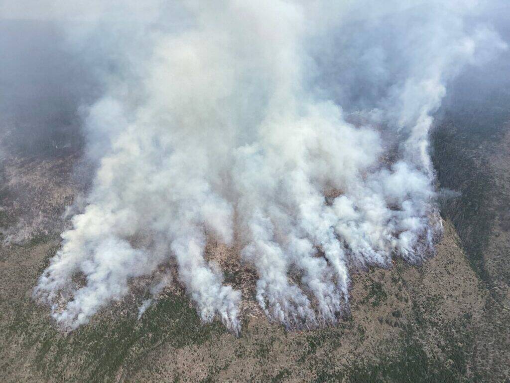 The Ptarmigan Fire burning in Washingtons Pasayten Wilderness, as seen in this aerial photo taken by smokejumpers July 20, has crossed the Canadian border and burned at least 18,000 acres so far. State leaders in Oregon and Washington have called for reinforcements and expect a grueling August. (Photo courtesy of U.S. Forest Service)