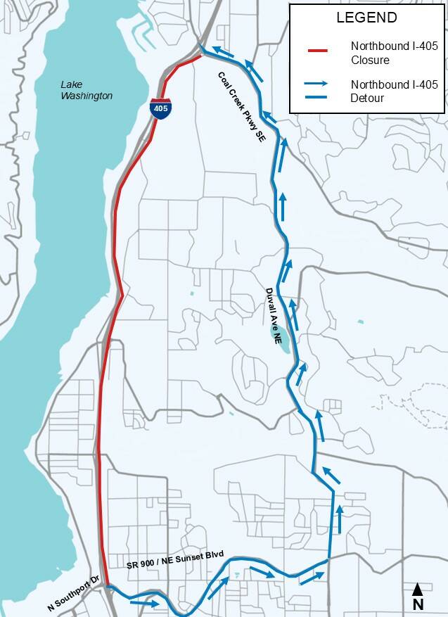 A signed detour will take I-405 traffic trough the Kennydale neighborhood. Photo provided by WSDOT