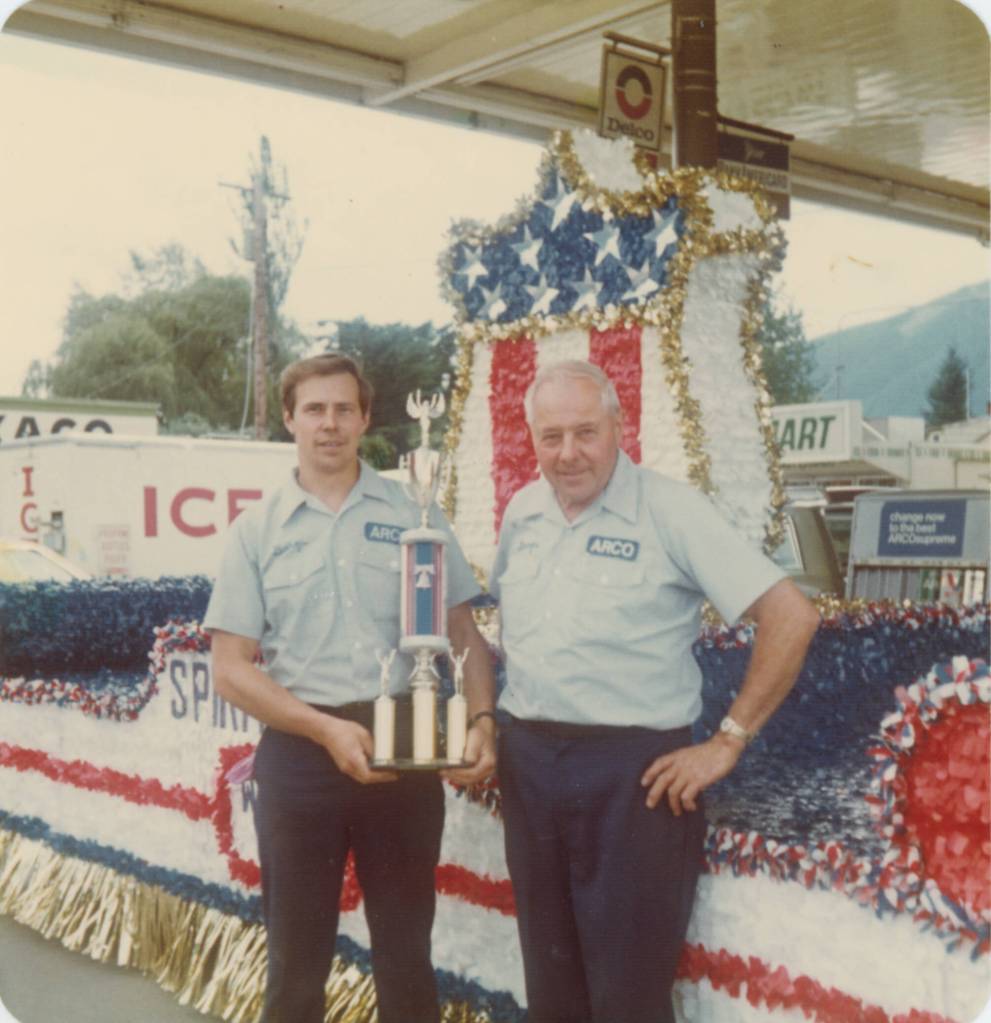 Courtesy of George Wyrsch Jr.
George Wyrsch Jr. (left) and George Wyrsch Sr. stand with the familys float for the Alpine Days parade in 1976.