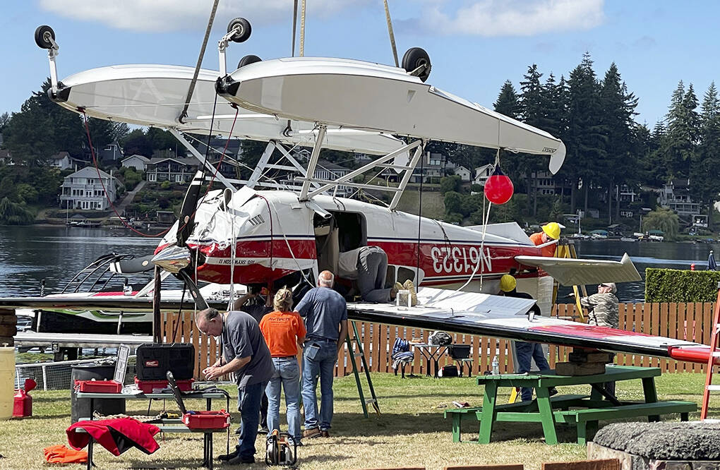 A seaplane flown by Alan Williams, of Kent, is removed from Lake Meridian Aug. 24, 2024 after it crashed into the lake. Williams, 74, died five days after the accident. COURTESY PHOTO, Puget Sound Fire