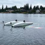 A seaplane floats upside down in Lake Meridian on Aug. 24, 2024. Residents and first responders rescued pilot Alan Williams from the submerged plane. COURTESY PHOTO, Puget Sound Fire