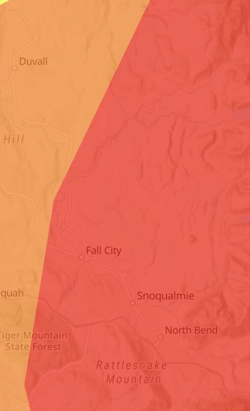 An air quality map of the Snoqualmie Valley, as of 4:30 p.m. on Aug. 4, 2026. (Courtesy of AirNow.gov)