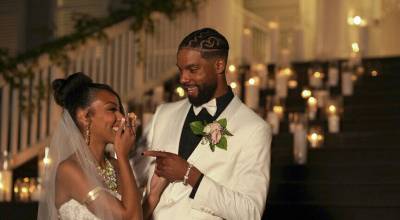 Courtesy of Peacock
BelleJolie Force and Mecca Amen on their wedding day at Trinity Tree Farm in Married at First Sight season 20.