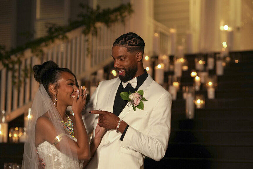 Courtesy of Peacock
BelleJolie Force and Mecca Amen on their wedding day at Trinity Tree Farm in Married at First Sight season 20.