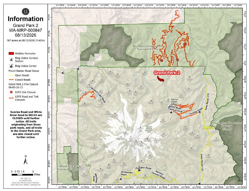 A map of the Grand Park 2 fire in Mount Rainier. Its estimated to be about 167 acres large. Image courtesy InciWeb
